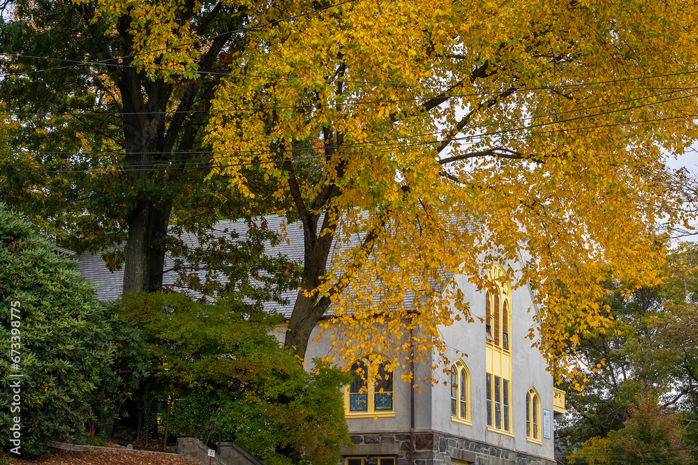 Autumnal Charm: Boston United Pentecostal Church Facade, Brighton, MA, USA