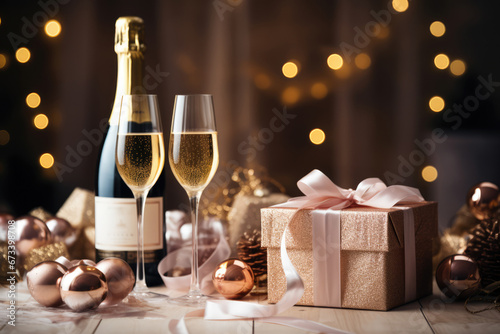 Glasses of sparkling wine or champagne served on the table next to a gift box ready for Christmas or New Year eve celebration.