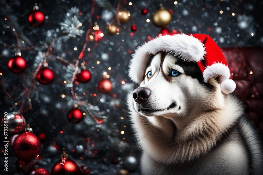 A cute Siberian Husky dog wearing Christmas red Santa Claus hat. Christmas Holidays. Xmas Card. A cute Siberian Husky dog wearing Christmas red Santa Claus hat. Christmas Holidays. Xmas Card.