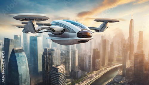 futuristic manned roto passenger drone flying in the sky over modern city for future air transportation and robotaxi concept as wide banner with copy space