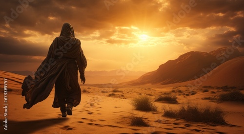 a man walking down the sand at sunset.