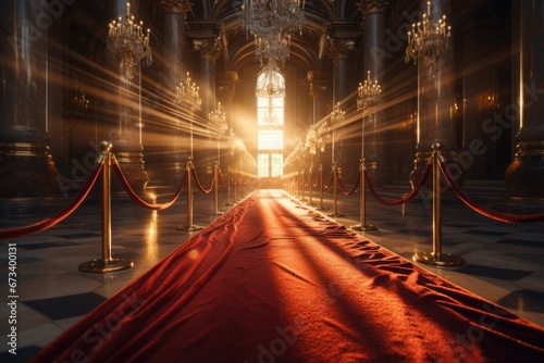 a red carpet with red ropes on one side