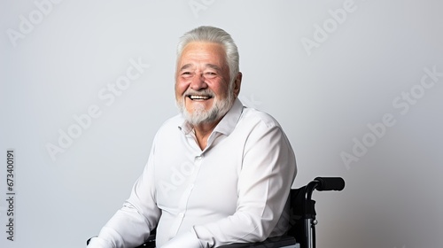 Portrait of a happy senior man sitting on wheelchair. Cheerful old man sitting on wheelchair. Disabled man in his wheelchair looking at camera.	