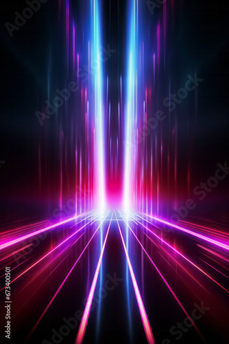Motion speed neon light tunnel or corridor. Futuristic laser cyberspace perspective background. © Bisams