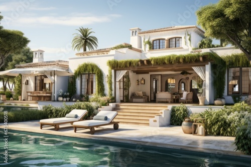 rendering of a white and green villa with a green and a swimming pool © olegganko