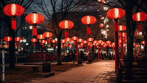 Streets decorated with Chinese lanterns during the New Year 2024 celebration.
