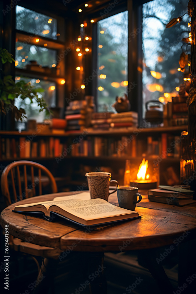 Book and cup on table in room.