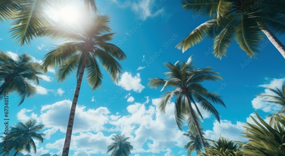 a view of trees from below to a blue sky palm trees