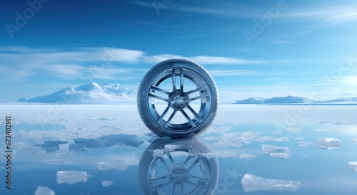 a car tire on cold snowy roads with snow falling down