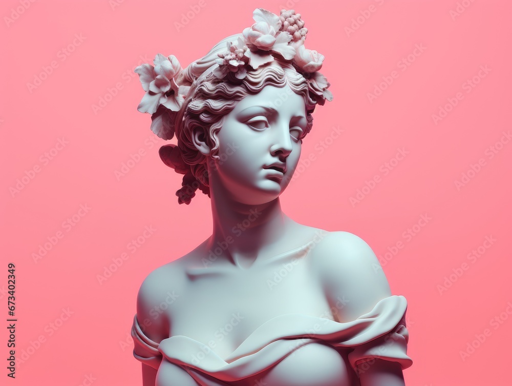 Ancient Greek Sculpture of a female goddess with pink pastel background. Antique Statue of a Woman in profile. Modern trendy y2k style.