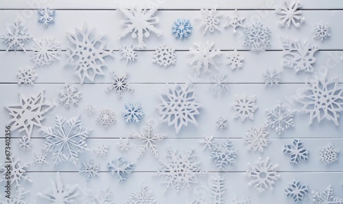 Flat lay with decorative snowflakes on a white wooden table top, AI generator