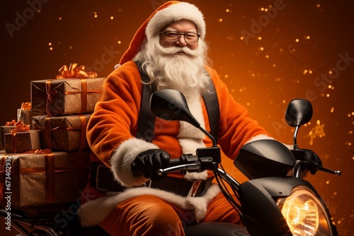 Santa riding a motorcycle with presents against a warm holiday backdrop during the festive Christmas season