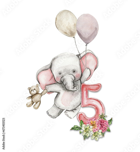 Photography Watercolor hand drawn small baby elephant with dahlia flowers and numbers composition