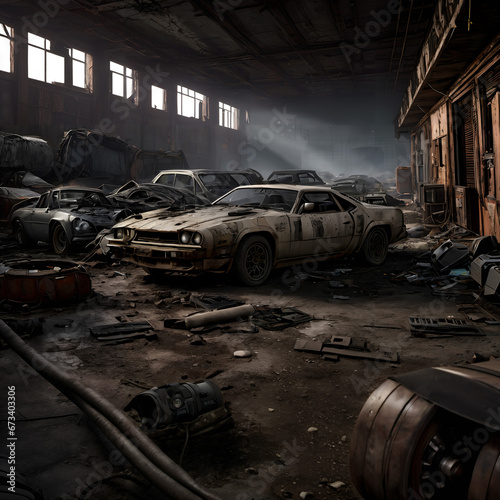 A group of old rusty cars in a large building.