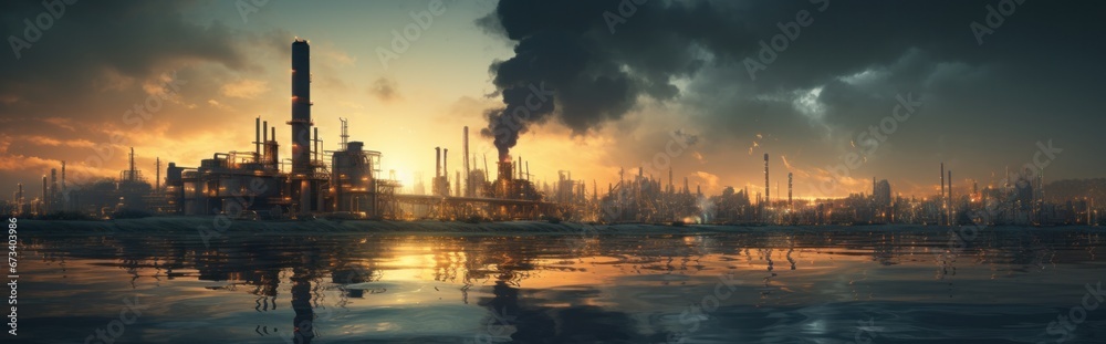 an oil refinery at sunset