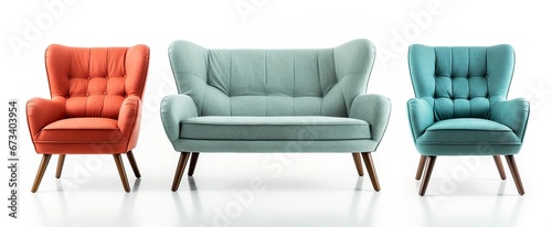 Set of Classic three armchair and three color art deco style in turquoise velvet with wood legs isolated on white background