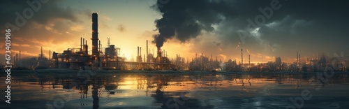 an oil refinery at sunset