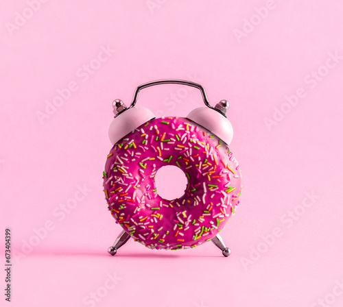 Creative art collage donut and alarm clock on pink background.