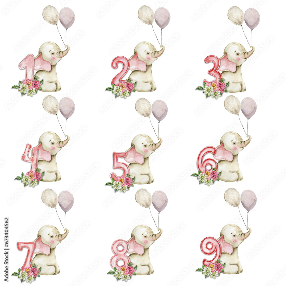 Watercolor hand drawn small baby elephant with dahlia flowers and numbers composition. African baby animal for baby shower party design, birthday, cake, kids room decorations, poster, fabric. Watercolor hand drawn small baby elephant with dahlia flowers and numbers composition. African baby animal for baby shower party design, birthday, cake, kids room decorations, poster, fabric.