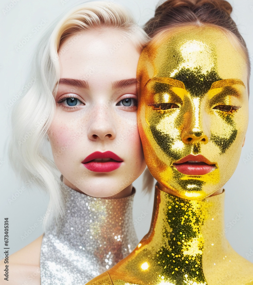 Beautiful, amazing portrait of two woman. Unreal make up like a space. Closeup shooting in studio with gold background. Generative AI.