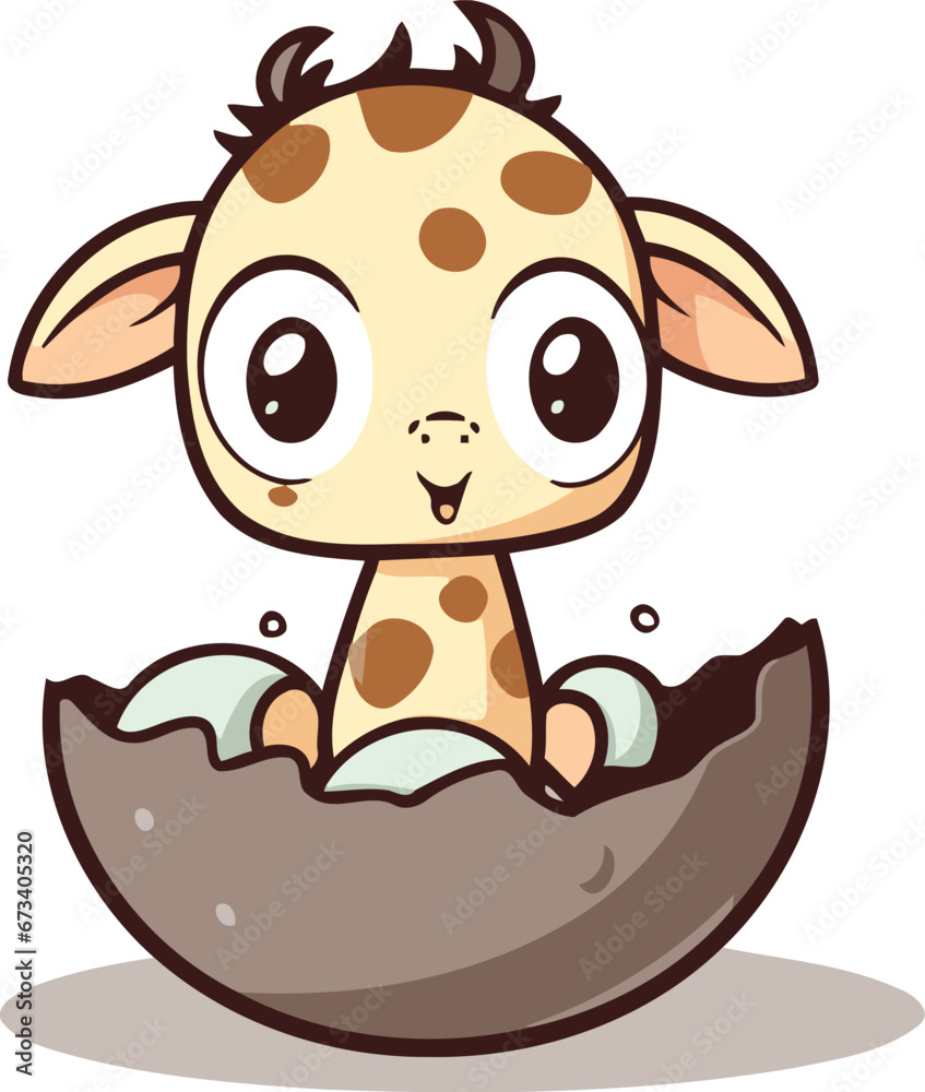 Fototapeta premium Cute giraffe in the egg character vector illustration. Cute cartoon giraffe.