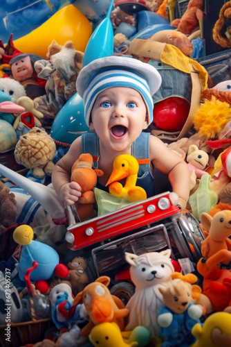 An enthusiastic child sits in a pile of colourful toys.