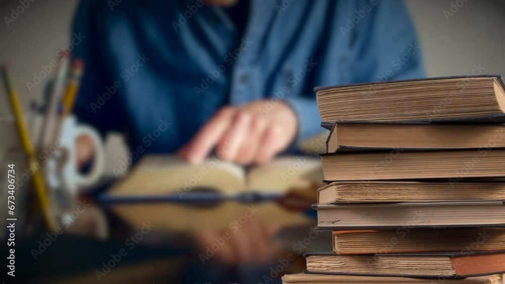 Man taking notes behind stacking books