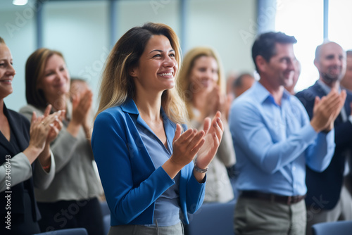 A group of employees giving a standing ovation to a colleague, acknowledging their achievements, creativity with copy space