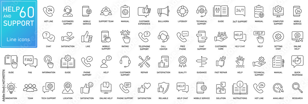 Customer Service and Support - Outline Icon Collection. Thin Line Set contains such Icons as Online Help, Helpdesk, Quick Response, Feedback and more. Simple web icons set.