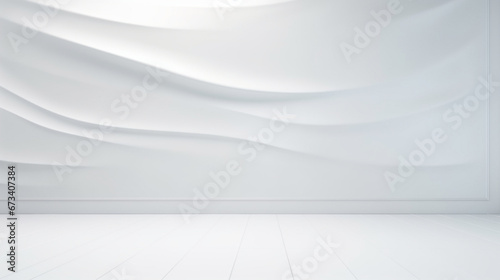 Interior of a empty white room with abstract curtain decorated wall. Copy space. Generative AI