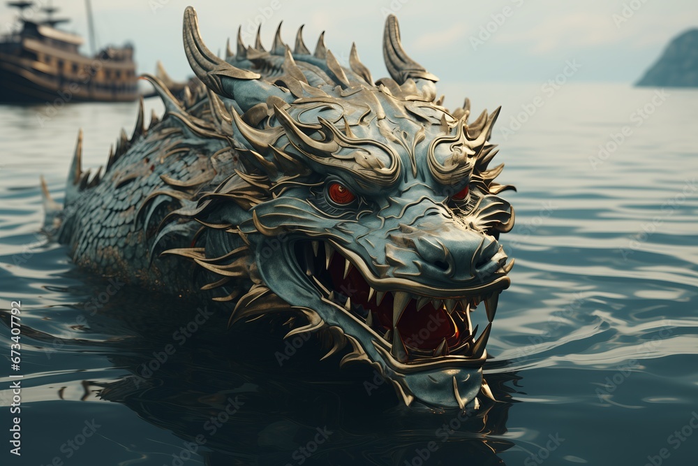 Sculpture of a Chinese dragon made of precious metal. Mythical formidable creature. An ancient fairy-tale beast. A giant fire-breathing monster. Sculpture of a Chinese dragon made of precious metal. Mythical formidable creature. An ancient fairy-tale beast. A giant fire-breathing monster.