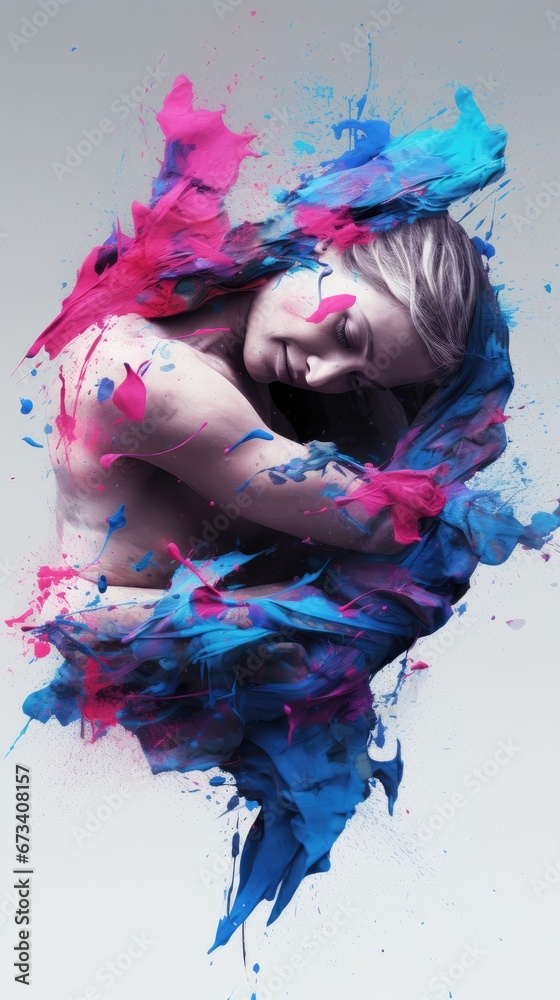 a painting of a woman with blue and pink paint splatters all over her ...