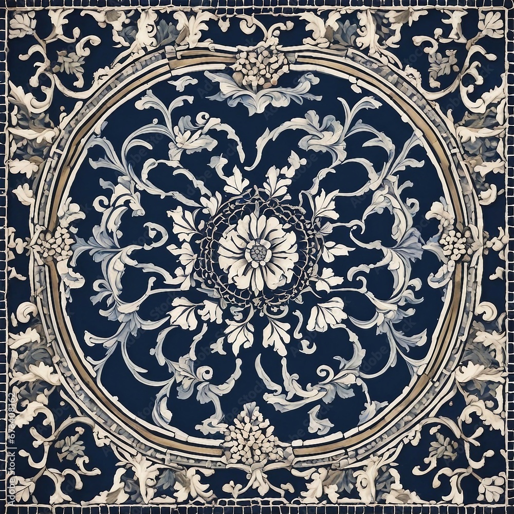 round lace pattern on a blue background _Geometric and floral azulejo tile mosaic pattern. Portuguese or Spanish retro old wall tiles.  