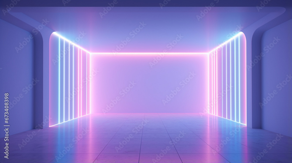 Futuristic neon empty room. Interior of a empty minimal modern room with copy space. Generative AI