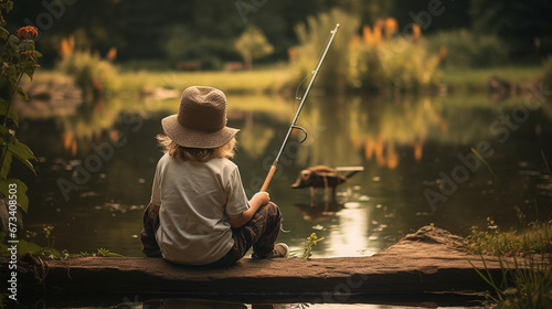 a child catches fish on a lake on a sunny summer day. AI. Generative AI