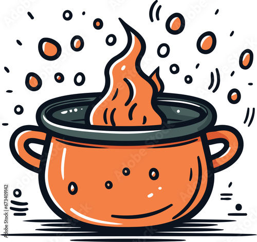 Cooking pot with fire. Vector illustration in doodle style.