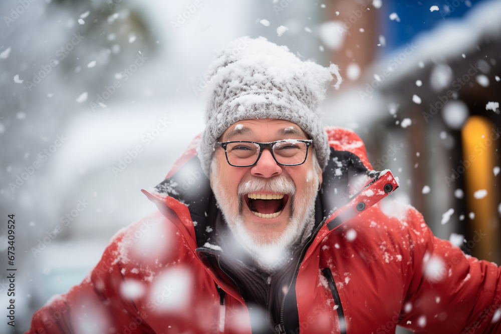 Happy laughing elderly man in snow, National Grandparents Day, International Day of Older Persons Happy laughing elderly man in snow, National Grandparents Day, International Day of Older Persons