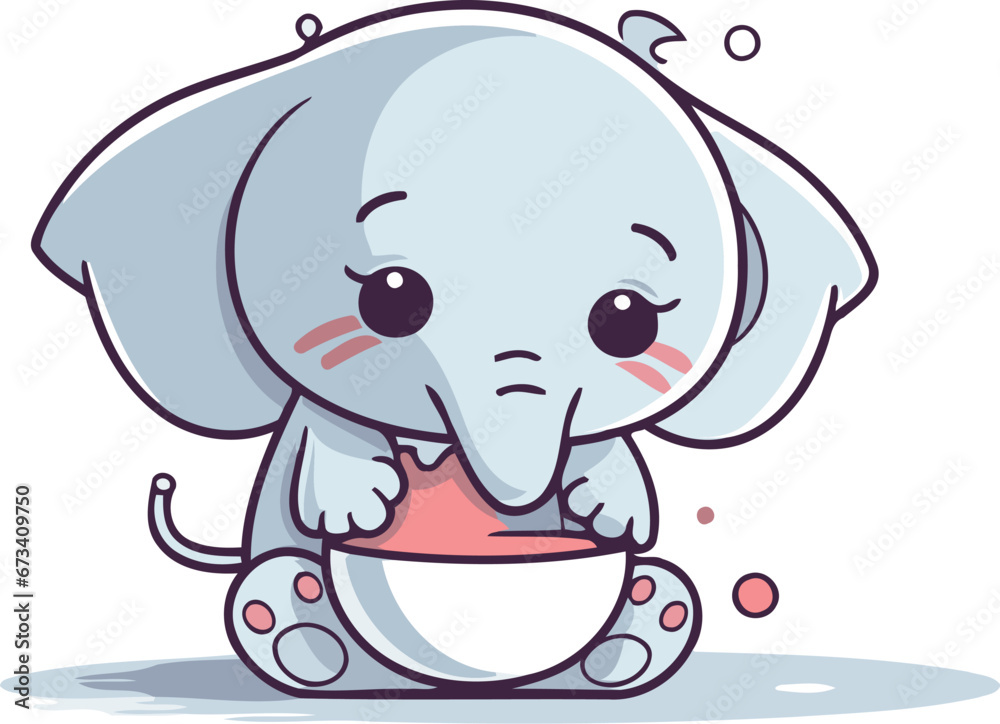 Fototapeta premium Cute little elephant with a bowl of milk. Vector illustration.