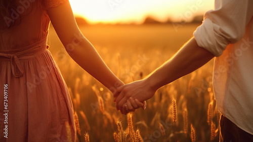 Couple holding hands in a field at sunset. Generative AI