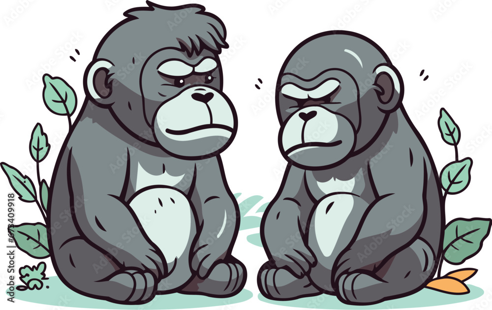 Vector illustration of a gorilla and a gorilla sitting on the ground. Vector illustration of a gorilla and a gorilla sitting on the ground.
