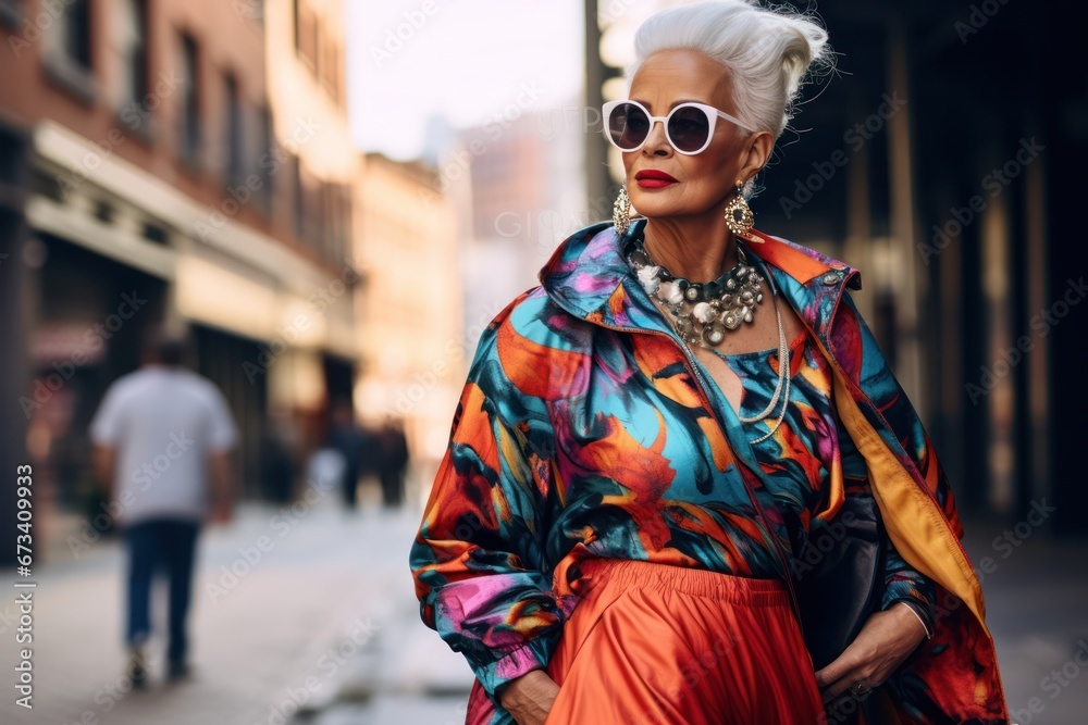 Elegant senior woman in flamboyant streetwear and sunglasses, exuding confidence in an urban setting - obrazy, fototapety, plakaty 