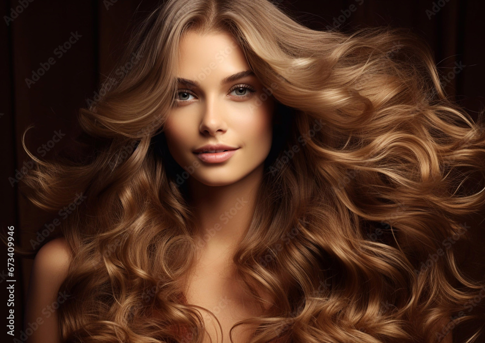 Naklejka premium Beauty portrait of woman with brown shiny silky wavy hair on dark backround.Macro.AI Generative