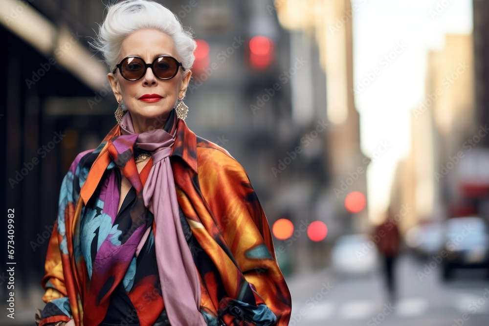 Elegant senior woman with stylish white hair , draped in a colorful scarf, walking downtown