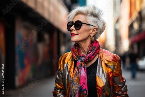 Stylish senior woman with colorful prints and sunglasses striding on city street, urban chic