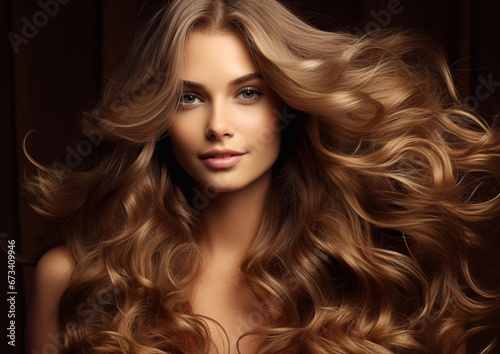 Beauty portrait of woman with brown shiny silky wavy hair on dark backround.Macro.AI Generative