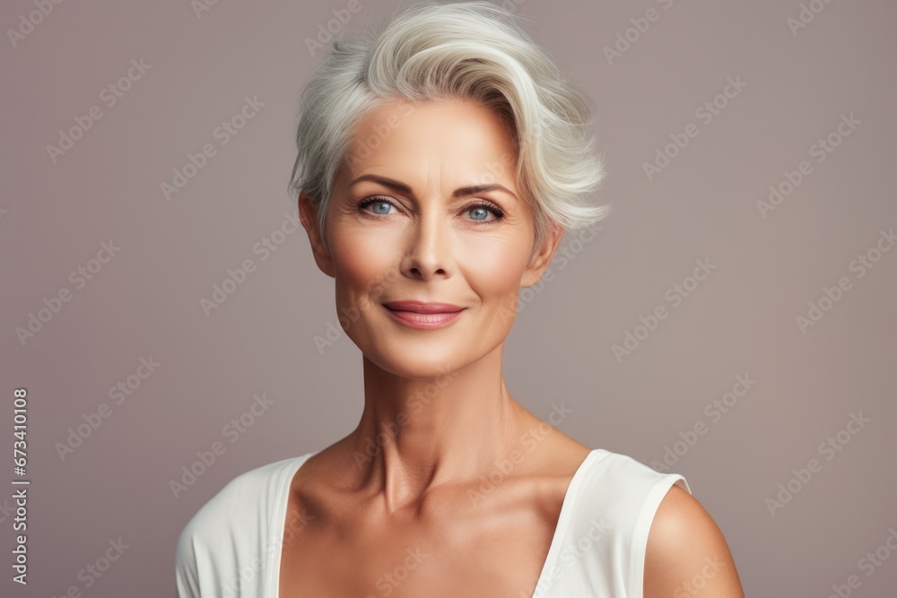 Elegant mature woman with stylish white hair and a serene expression, embodying timeless beauty Elegant mature woman with stylish white hair and a serene expression, embodying timeless beauty