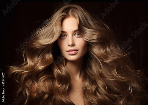 Beauty portrait of woman with brown shiny silky wavy hair on dark backround.Macro.AI Generative