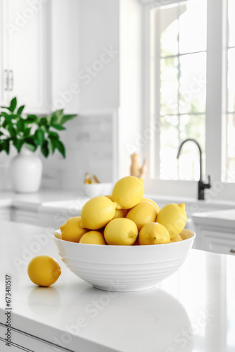 Bowl with fresh organic lemons on marble table against modern white kitchen background. 
