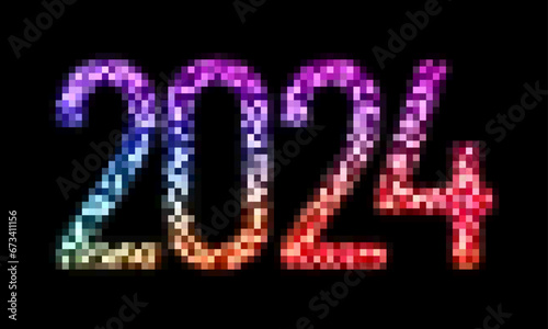 Numbers of the year 2024 in retro pixel style, vector pixel print, gradient of pixels for the new year 2024, nostalgic style of the eighties and nineties, bright pixel art digits for new year poster
