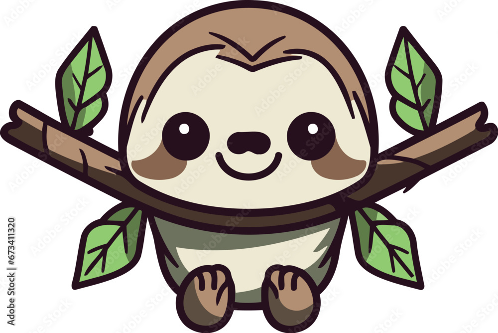 Obraz premium Cute cartoon sloth on tree branch. Vector clip art.